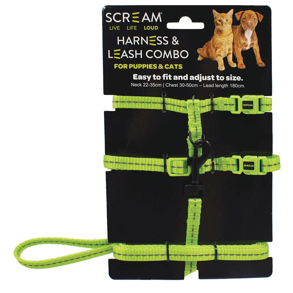 Scream Reflective Adjustable Nylon Cat/Puppy Harness + Leash Combo