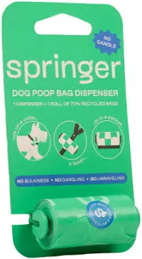 Springer Dog Poop Bag Dispenser + Roll  - Bags made from 70% Post-Consumer Recycled Plastic | Designed with Easy-Open Tabs | Minimal Poop Bag Holder