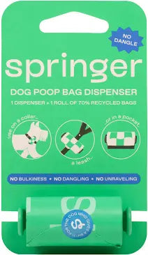 Springer Dog Poop Bag Dispenser + Roll  - Bags made from 70% Post-Consumer Recycled Plastic | Designed with Easy-Open Tabs | Minimal Poop Bag Holder