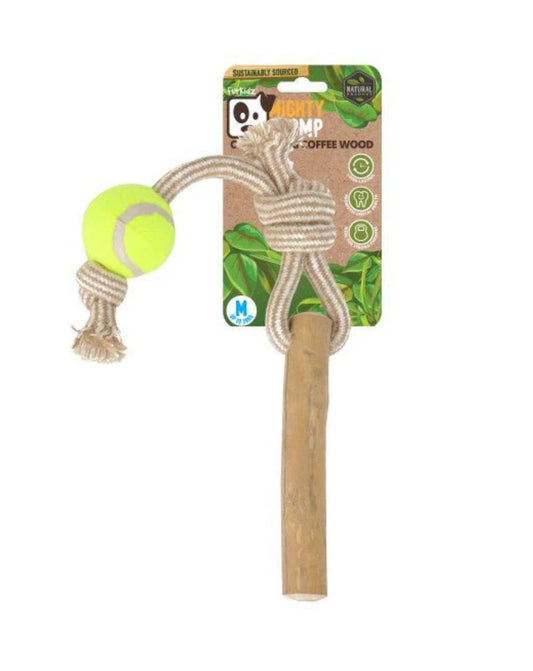 Mighty Comp Coffee Wood Rope Tugg With Tennis Ball