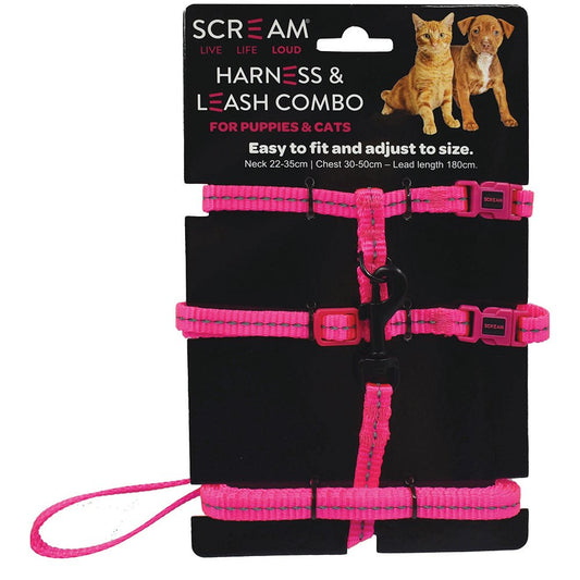 Scream Reflective Adjustable Nylon Cat/Puppy Harness + Leash Combo