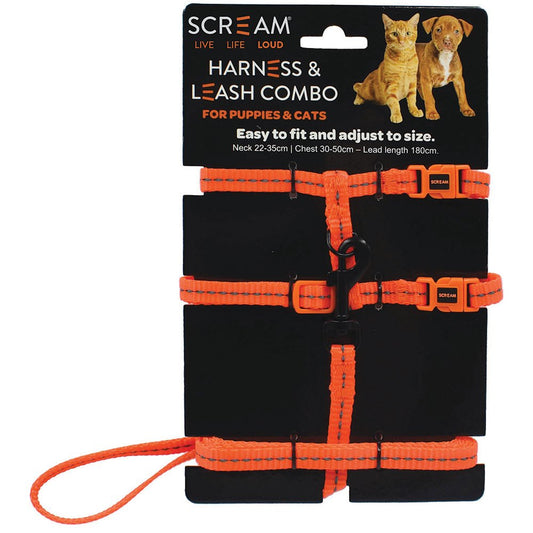 Scream Reflective Adjustable Nylon Cat/Puppy Harness + Leash Combo